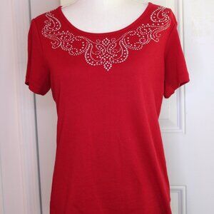 Rebecca Malone Red Tee Shirt with Rhinestone Decorations, Size Small
